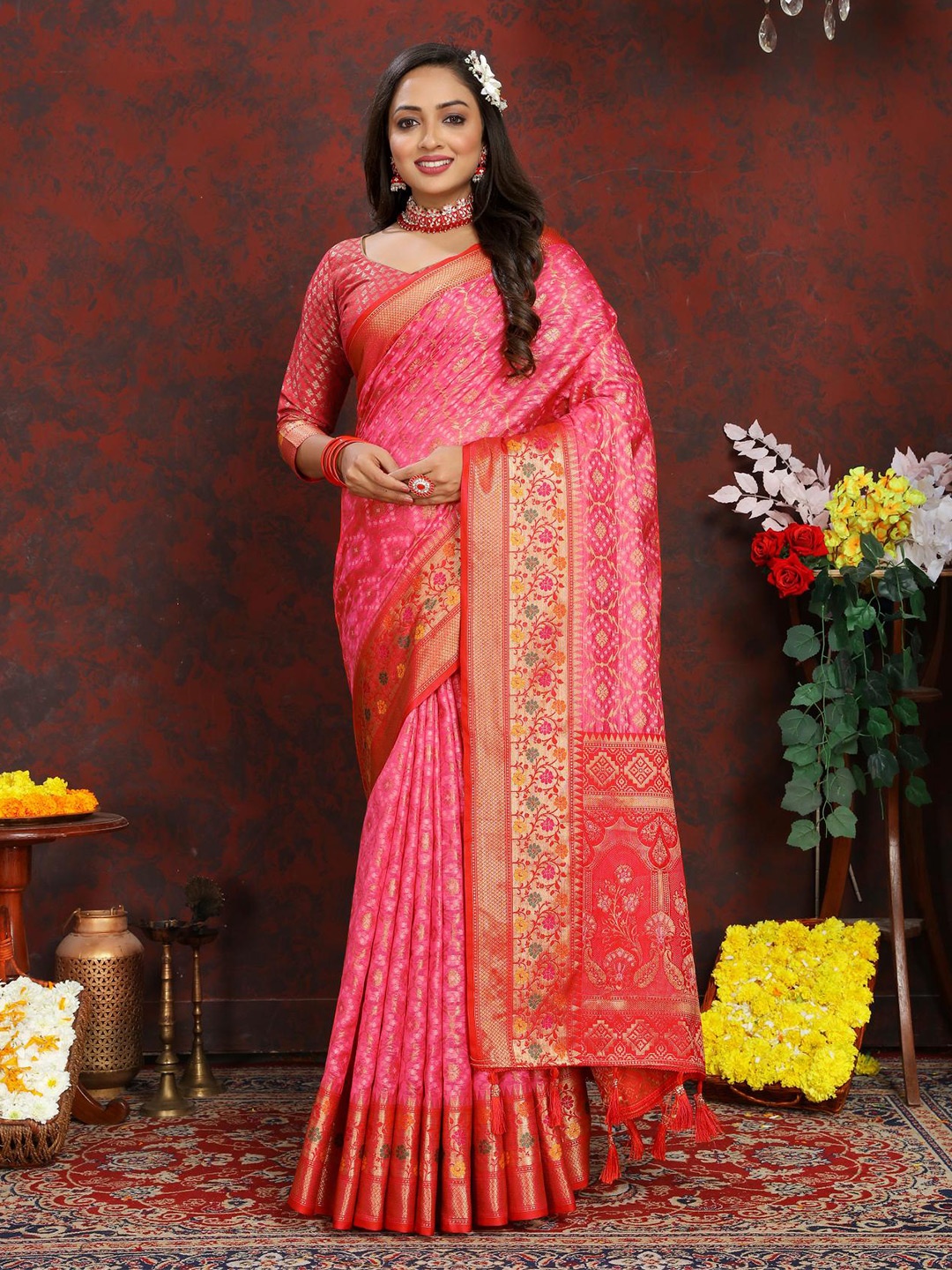 

PATIALAPICKS Woven Design Zari Organza Saree, Pink