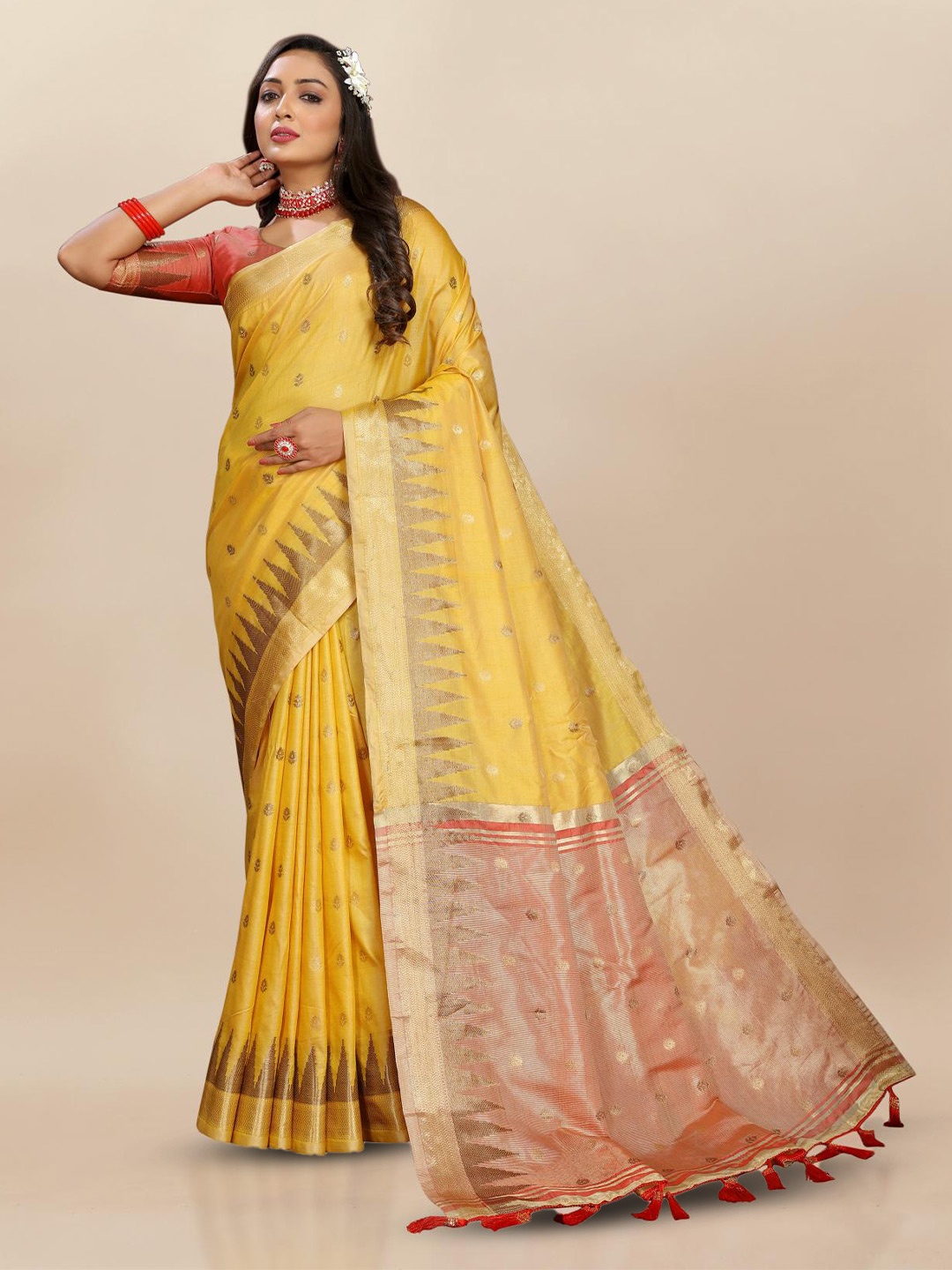 

PATIALAPICKS Woven Design Zari Pure Silk Saree, Yellow