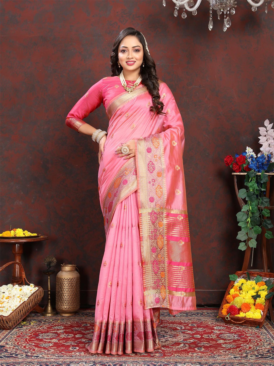 

PATIALAPICKS Woven Design Zari Organza Paithani Saree, Pink
