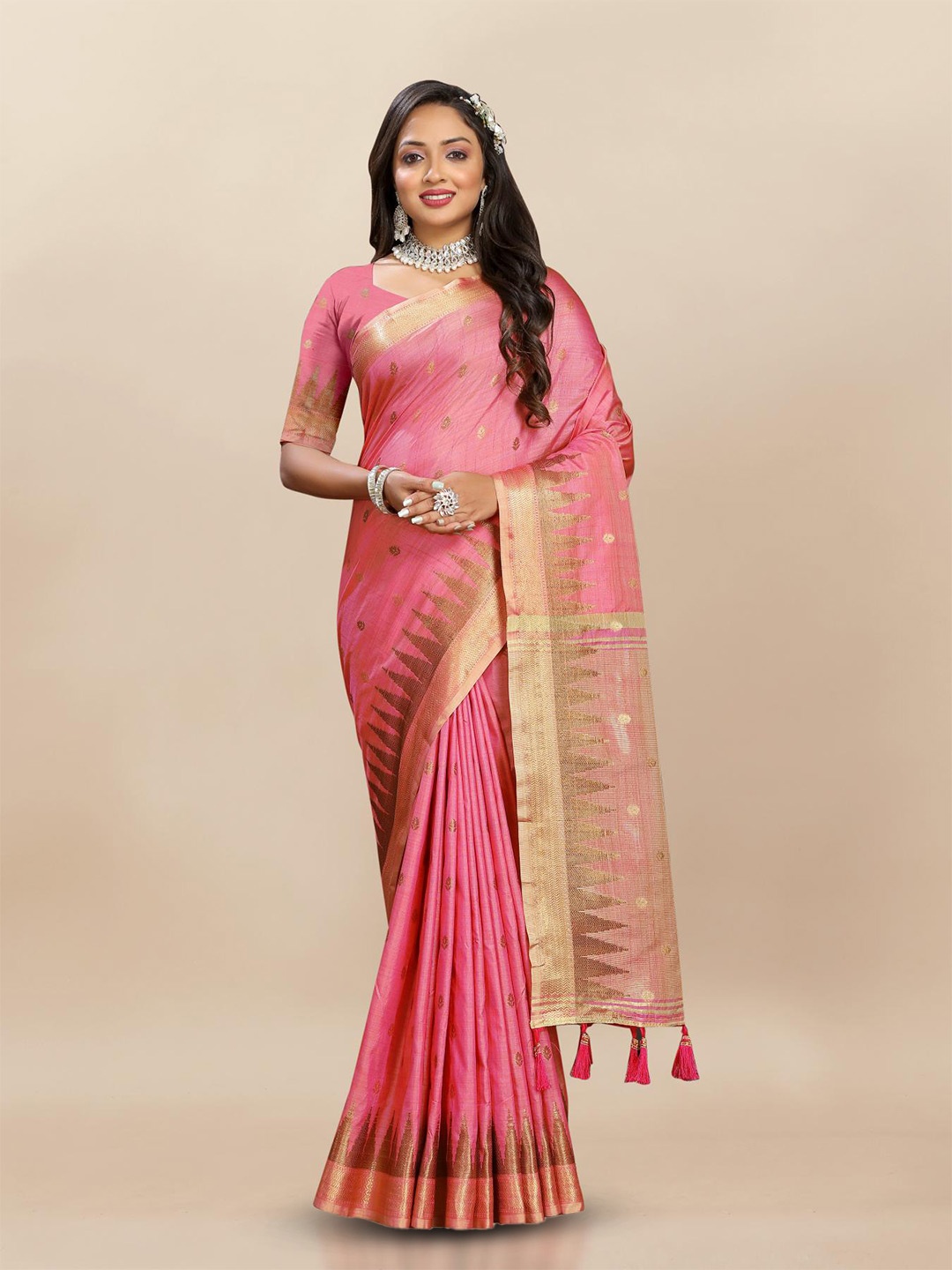 

PATIALAPICKS Ethnic Motifs Woven Design Zari Pure Silk Paithani Saree, Pink