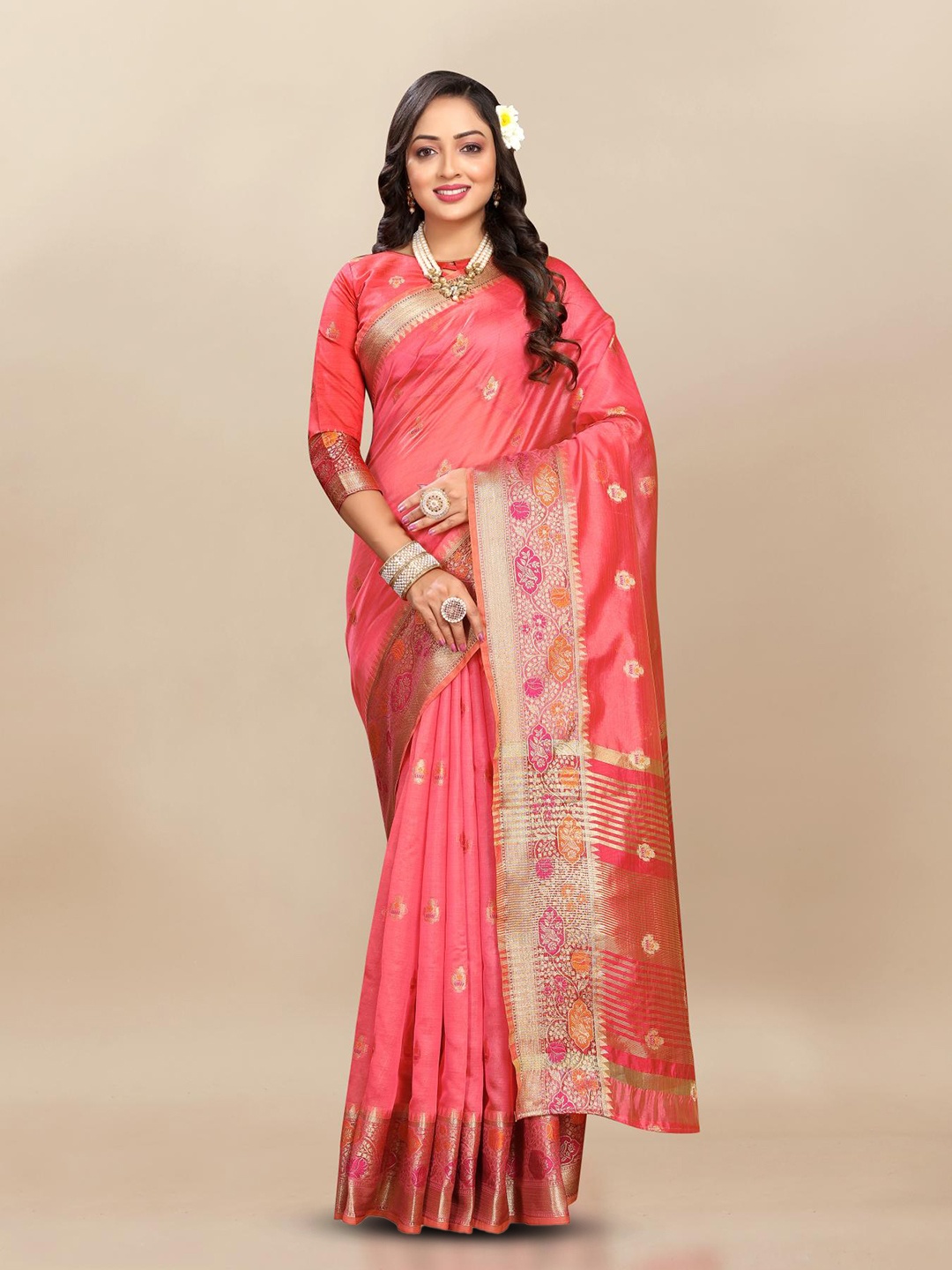 

PATIALAPICKS Ethnic Motifs Woven Design Zari Organza Paithani Saree, Pink