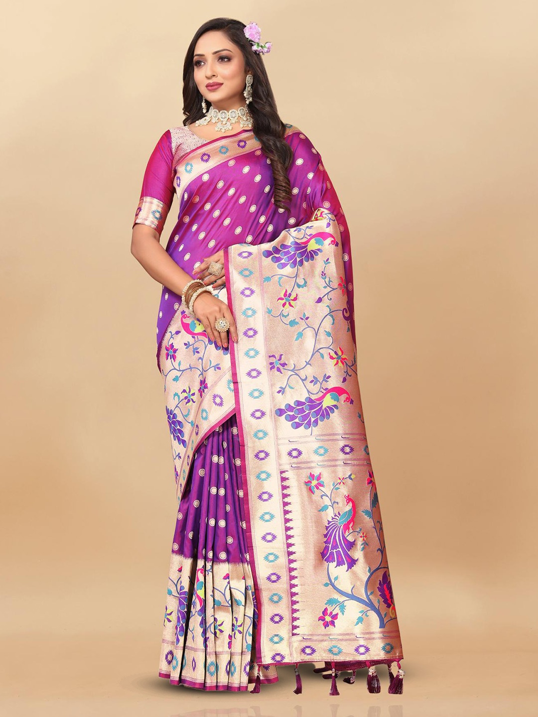 

PATIALAPICKS Woven Design Zari Pure Silk Paithani Saree, Purple