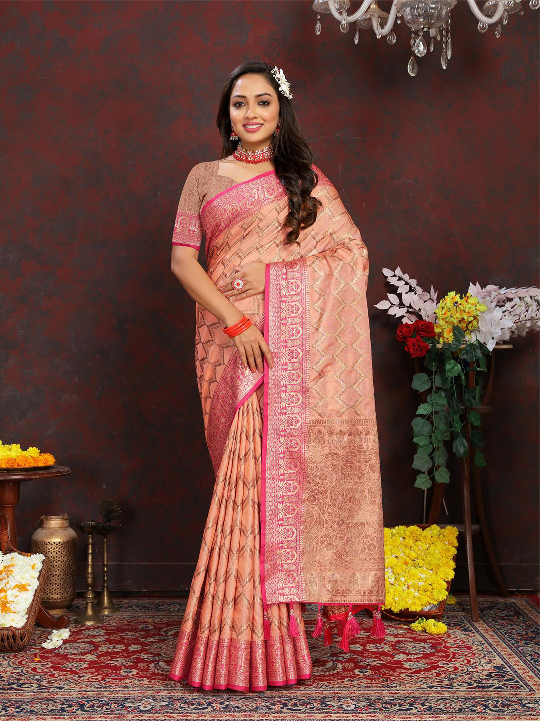 

PATIALAPICKS Ethnic Motifs Woven Design Zari Pure Silk Saree, Orange
