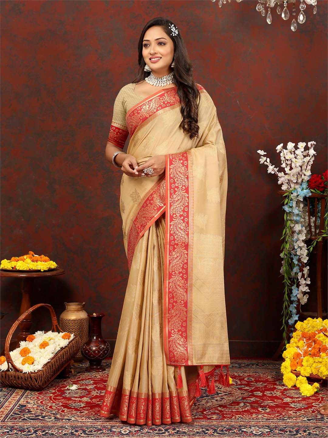 

PATIALAPICKS Ethnic Motifs Woven Design Zari Pure Cotton Paithani Saree, Cream