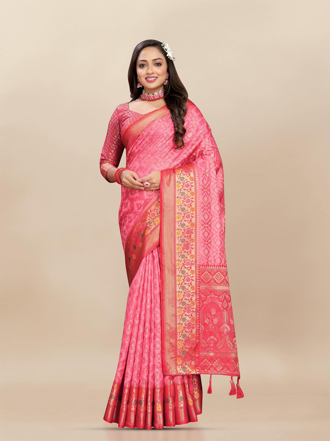 

PATIALAPICKS Woven Design Zari Organza Paithani Saree, Pink