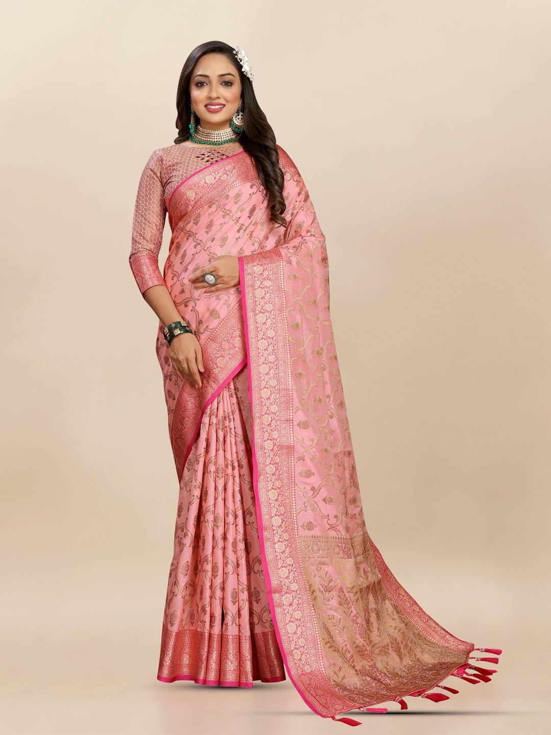 

PATIALAPICKS Woven Design Zari Pure Silk Paithani Saree, Pink