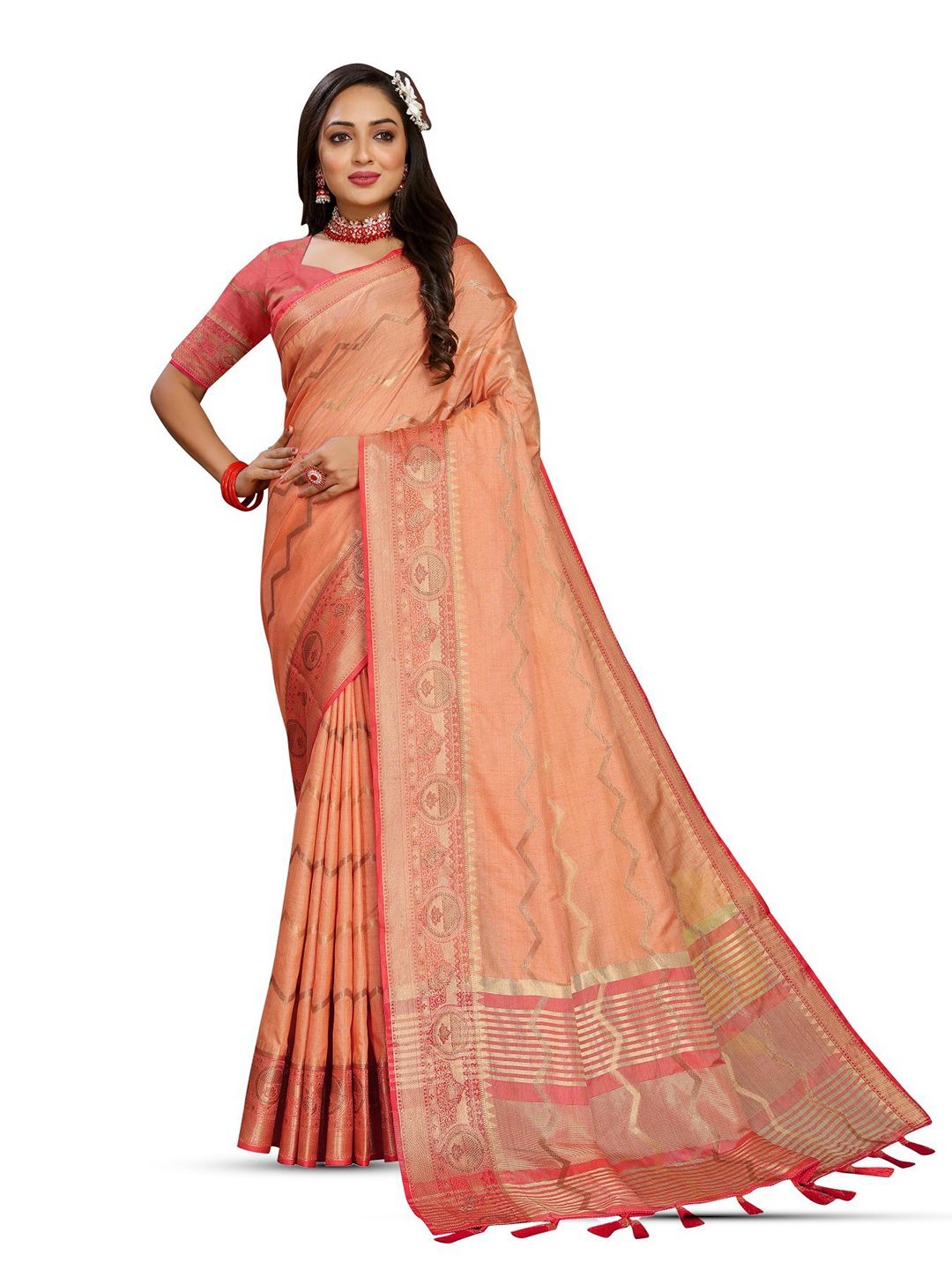 

PATIALAPICKS Chevron Woven Design Zari Pure Silk Paithani Saree, Orange