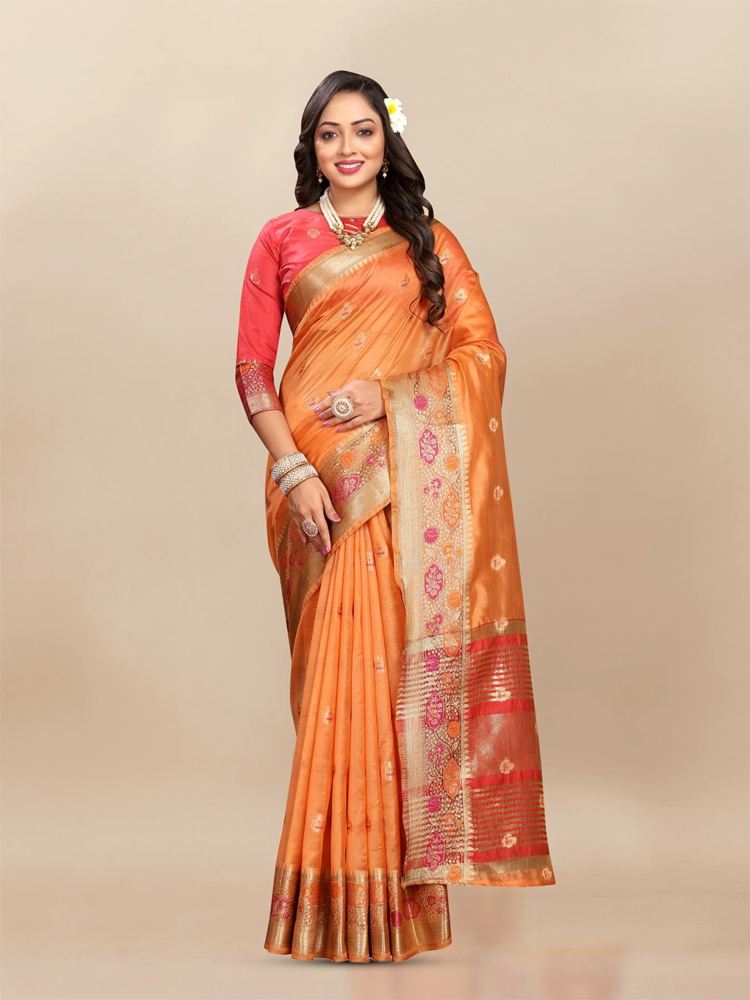 

PATIALAPICKS Ethnic Motifs Woven Design Zari Organza Saree, Orange