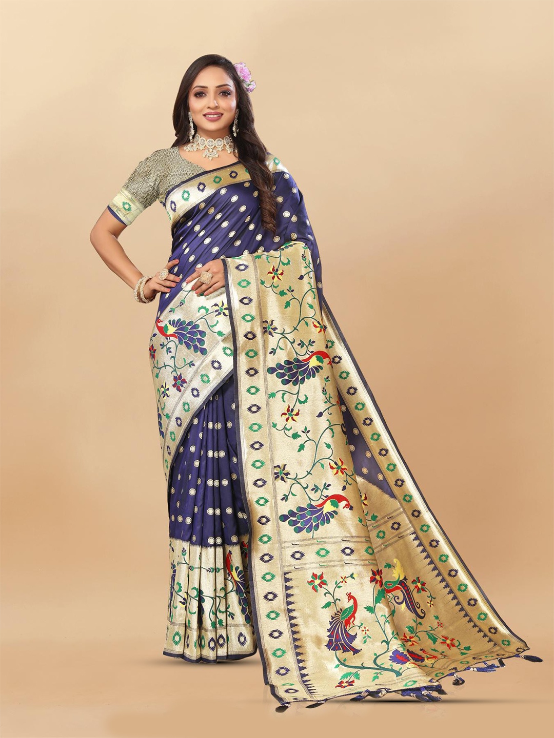 

PATIALAPICKS Ethnic Motifs Woven Design Zari Pure Silk Paithani Saree, Navy blue