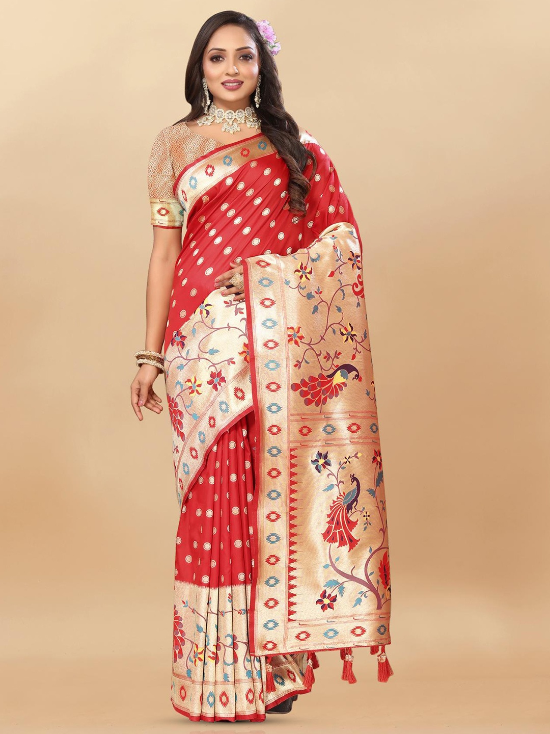 

PATIALAPICKS Woven Design Zari Pure Silk Paithani Saree, Red