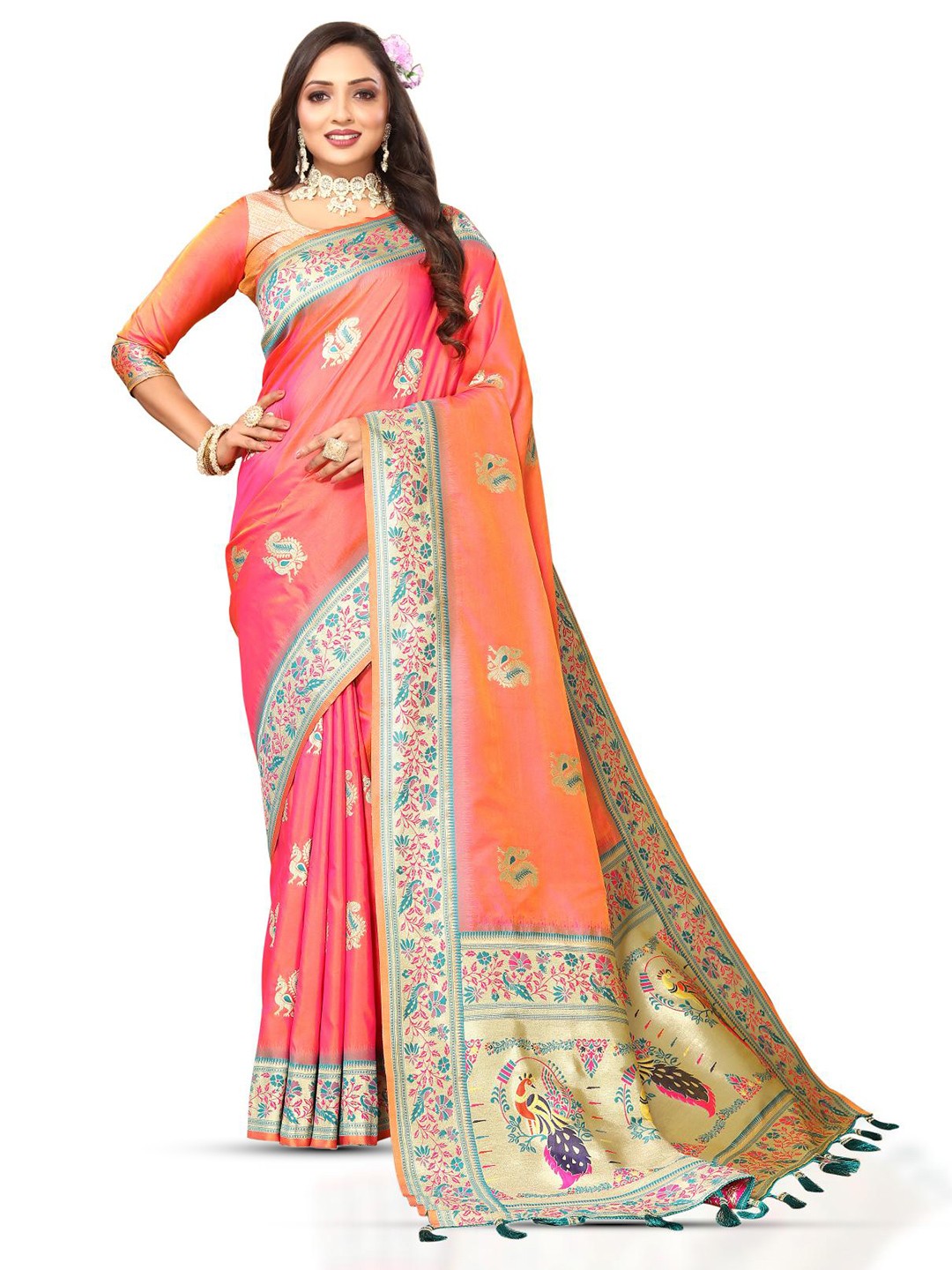 

PATIALAPICKS Woven Design Zari Pure Silk Paithani Saree, Peach