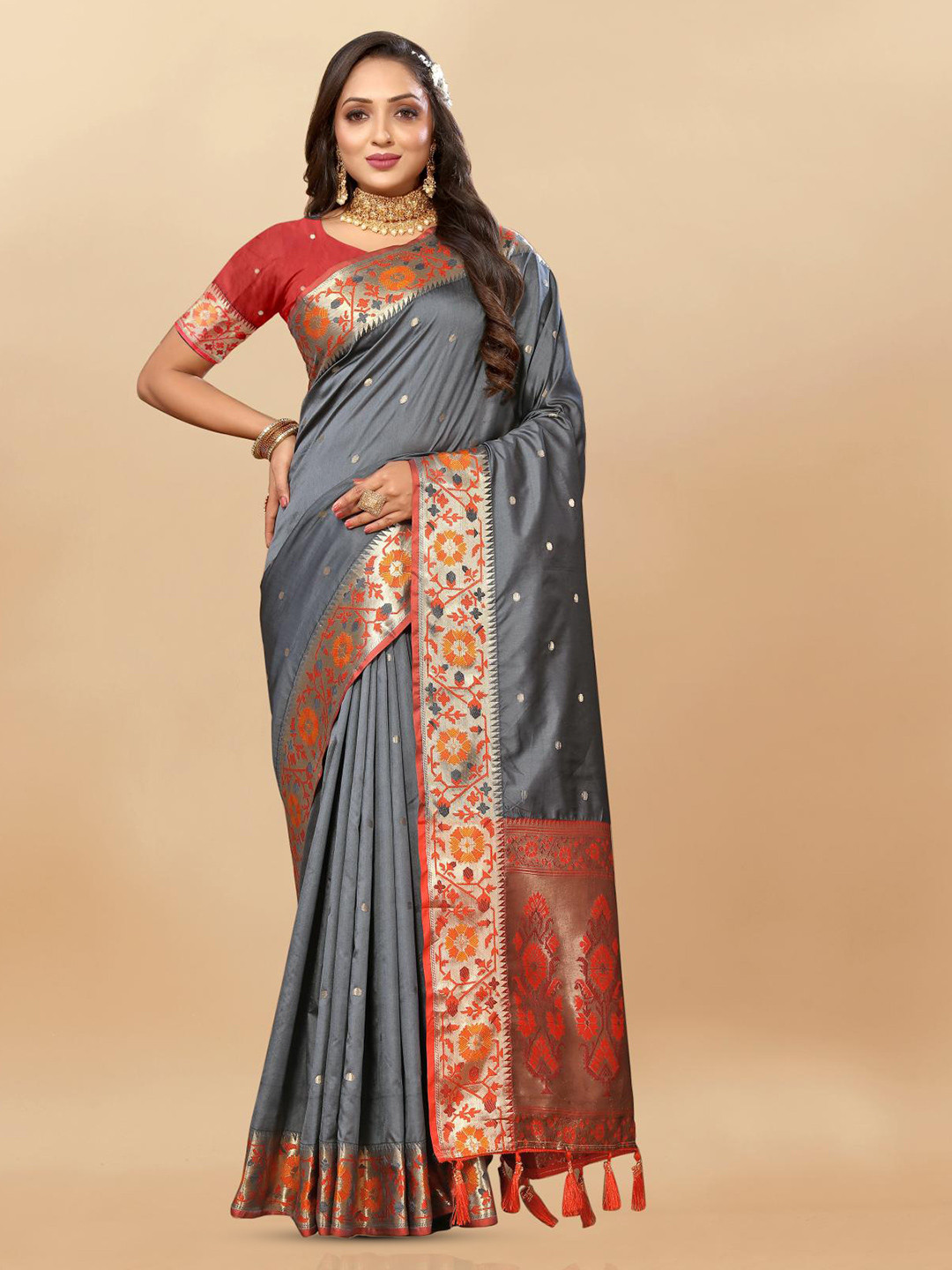 

PATIALAPICKS Ethnic Motifs Woven Design Zari Pure Silk Paithani Saree, Grey