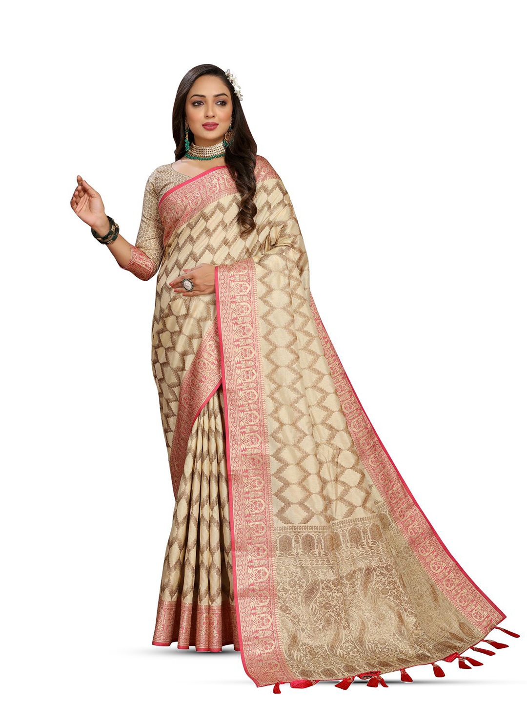 

PATIALAPICKS Ethnic Motifs Woven Design Zari Pure Silk Paithani Saree, Cream