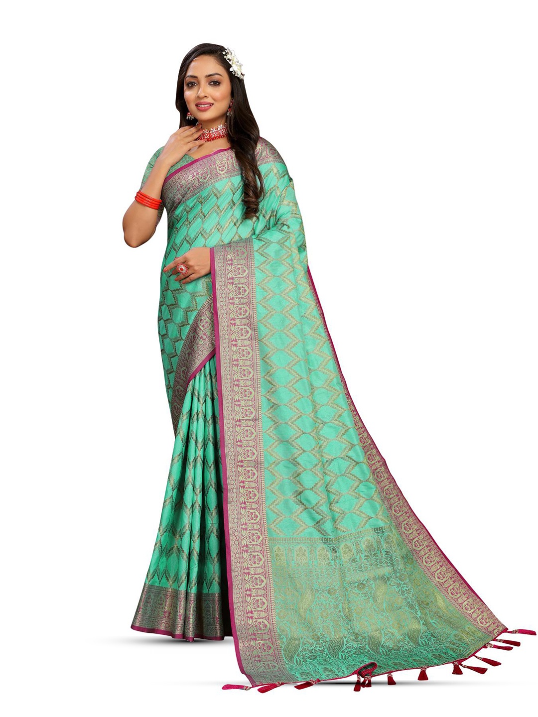 

PATIALAPICKS Ethnic Motifs Woven Design Zari Pure Silk Saree, Sea green