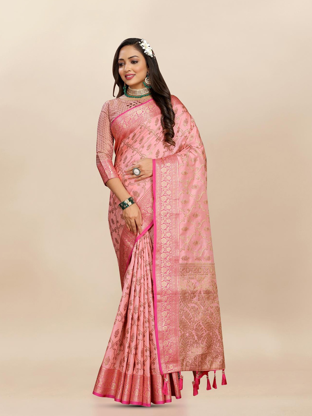

PATIALAPICKS Ethnic Motifs Woven Design Zari Pure Silk Paithani Saree, Pink