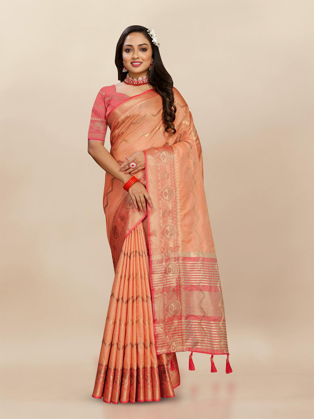 

PATIALAPICKS Ethnic Motifs Zari Pure Silk Paithani Saree, Orange