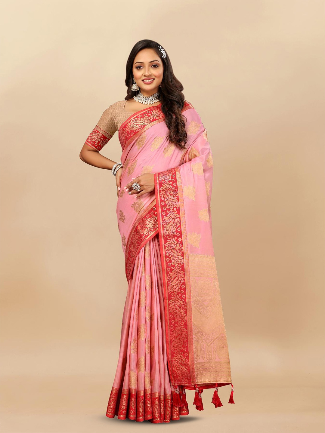 

PATIALAPICKS Ethnic Motifs Woven Design Zari Pure Silk Paithani Saree, Pink