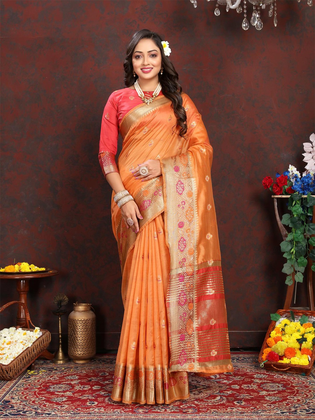 

PATIALAPICKS Ethnic Motifs Woven Design Zari Pure Silk Paithani Saree, Orange