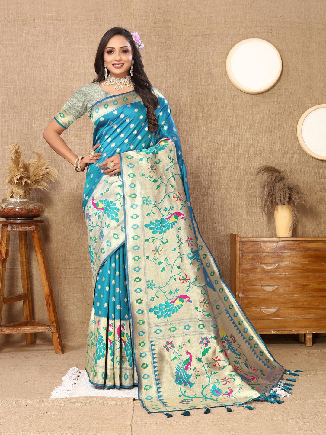 

PATIALAPICKS Ethnic Motifs Woven Design Zari Pure Silk Paithani Saree, Blue