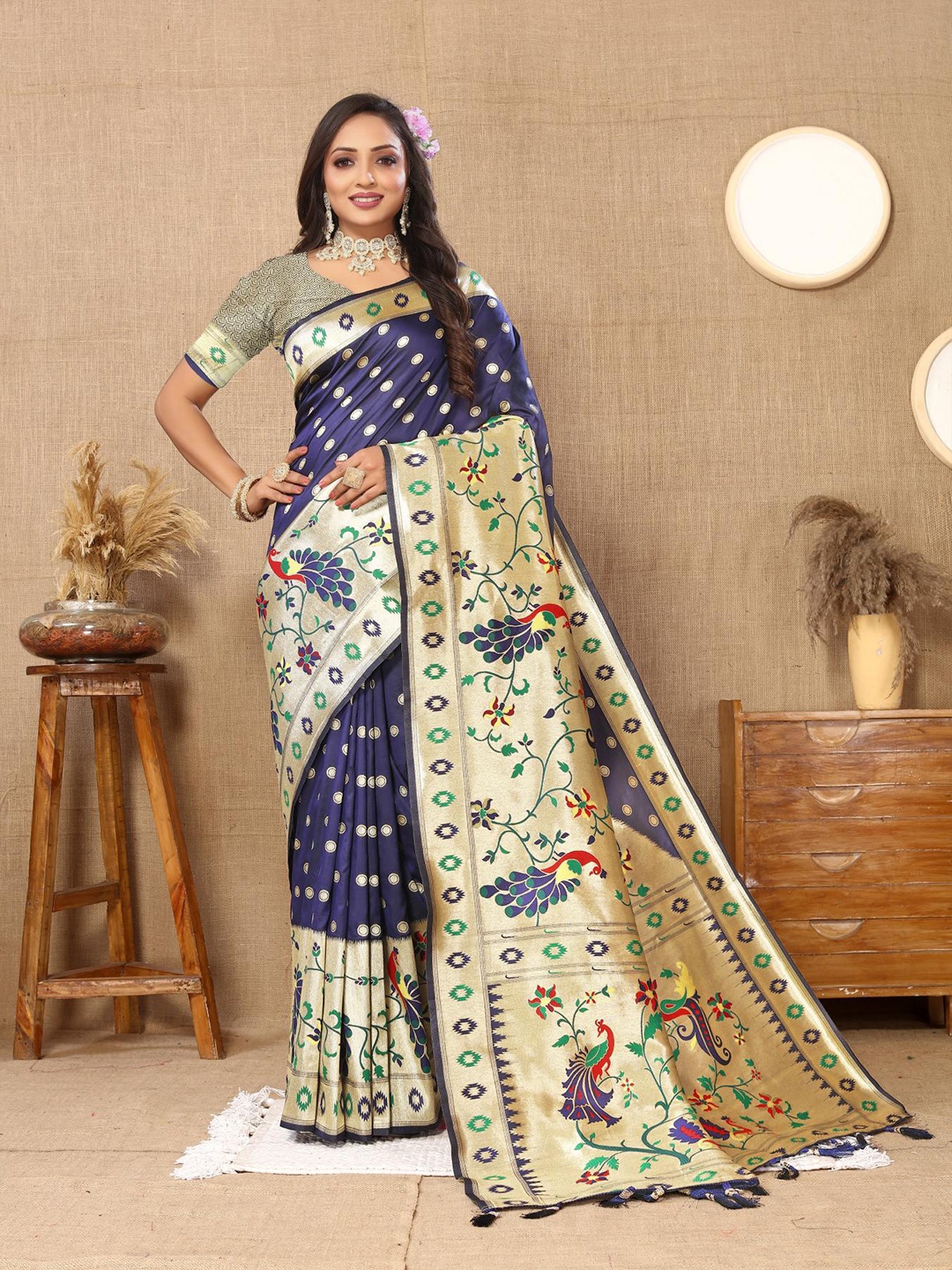 

PATIALAPICKS Ethnic Motifs Zari Pure Silk Paithani Saree, Navy blue