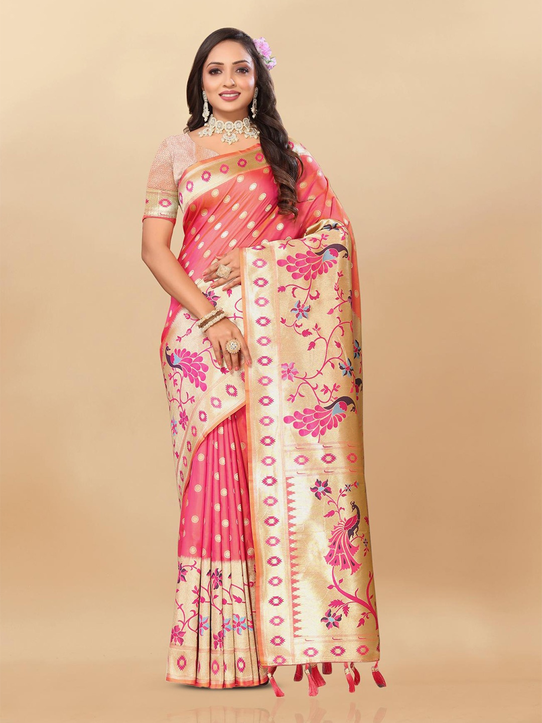 

PATIALAPICKS Ethnic Motifs Zari Pure Silk Paithani Saree, Peach
