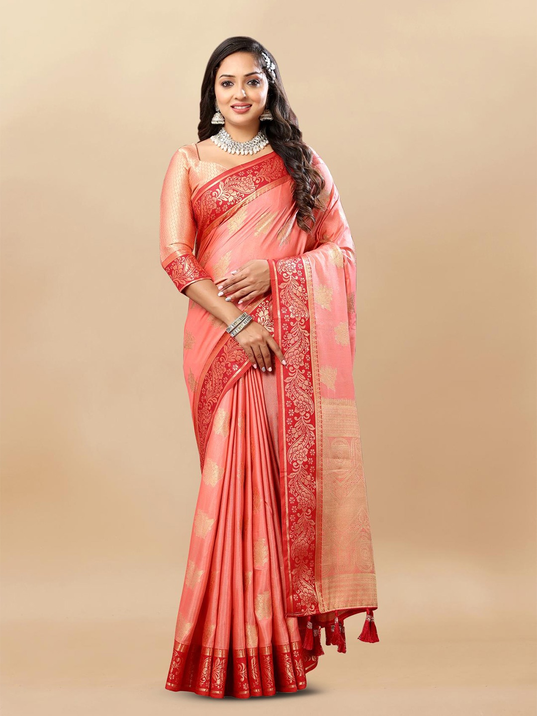 

PATIALAPICKS Ethnic Motifs Zari Pure Silk Saree, Peach