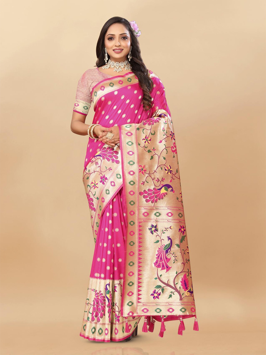 

PATIALAPICKS Ethnic Motifs Woven Design Zari Pure Silk Paithani Saree, Pink