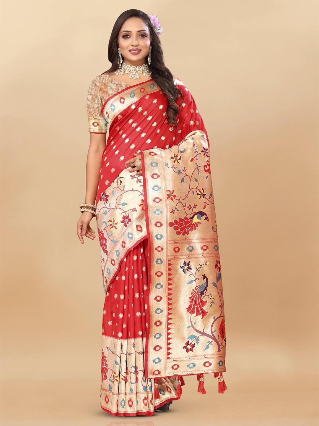 

PATIALAPICKS Woven Design Zari Pure Silk Paithani Saree, Red