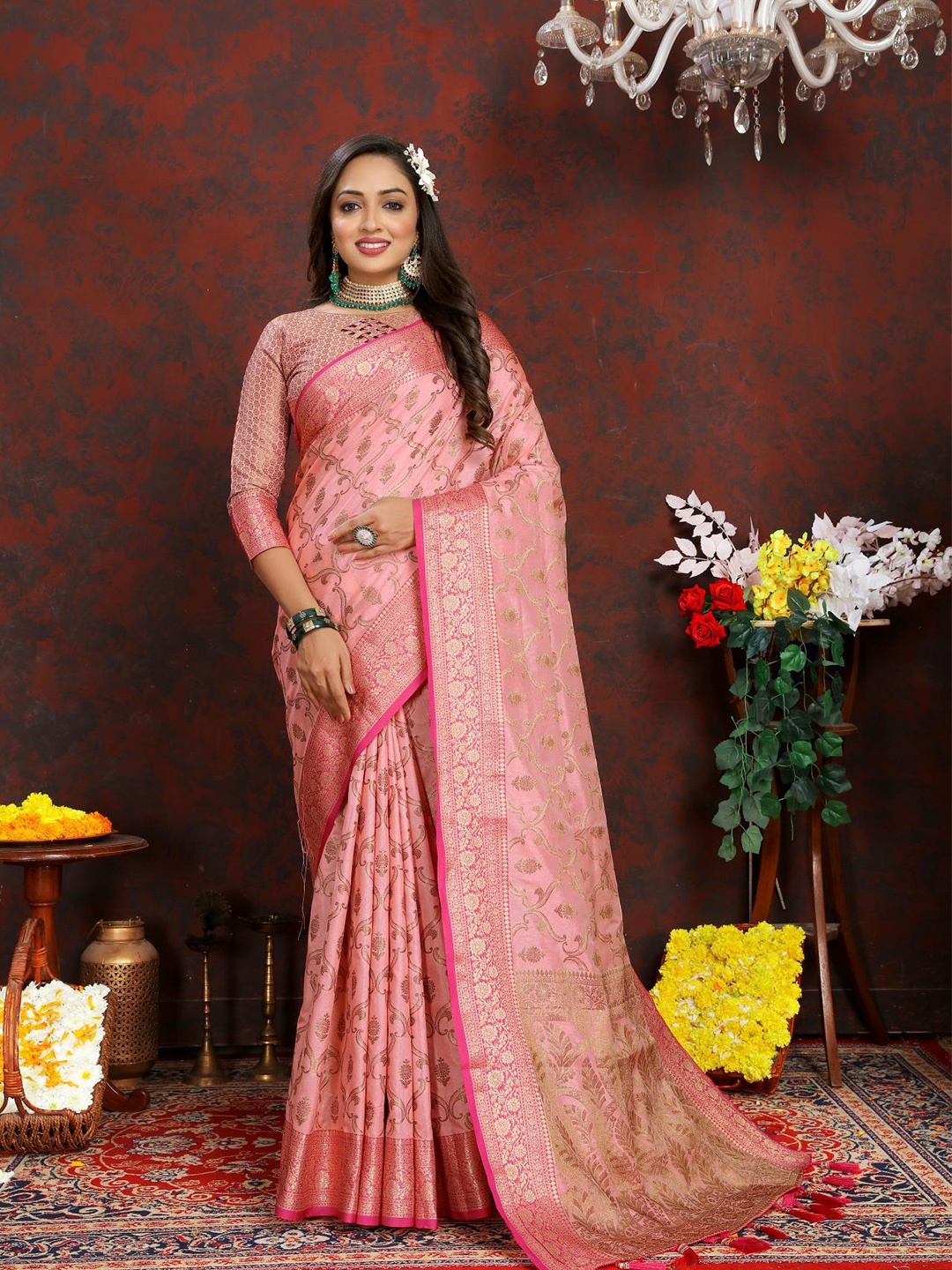 

PATIALAPICKS Ethnic Motifs Woven Design Zari Pure Silk Paithani Saree, Pink