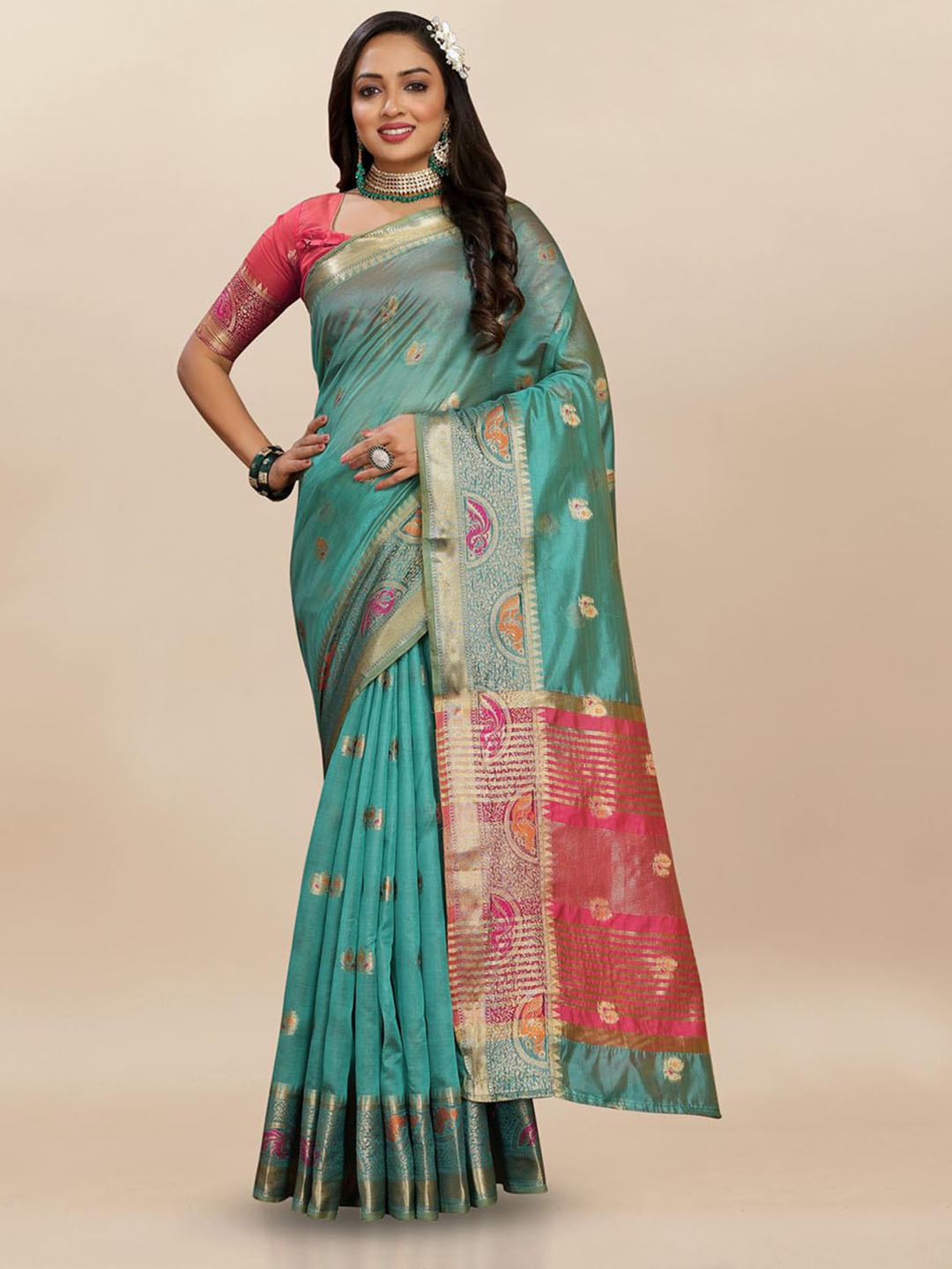 

PATIALAPICKS Ethnic Motifs Zari Organza Saree, Blue