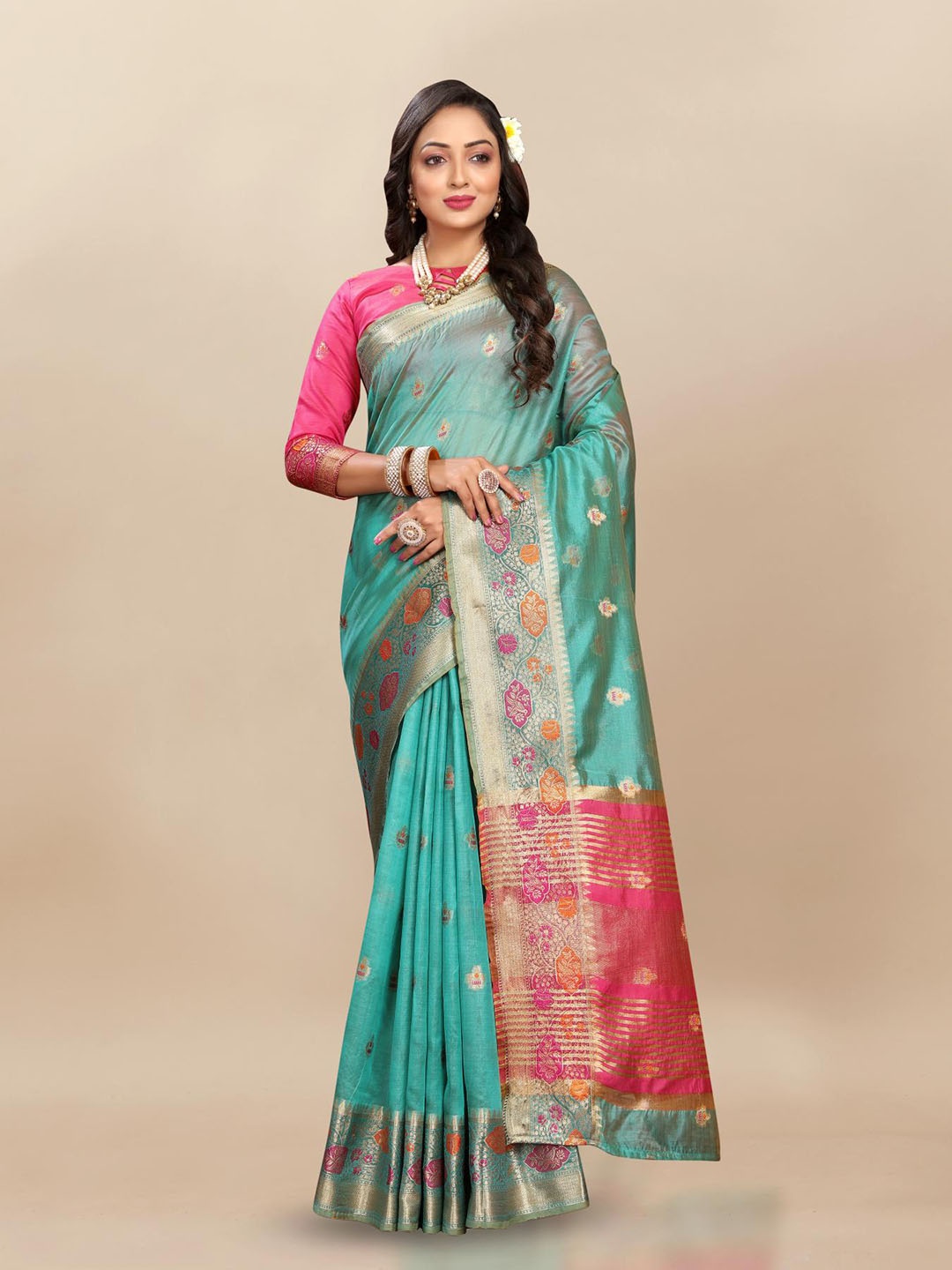 

PATIALAPICKS Ethnic Motifs Woven Design Zari Pure Silk Paithani Saree, Green