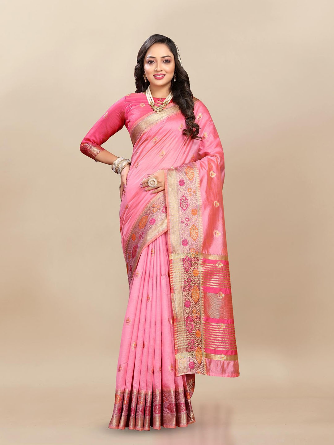 

PATIALAPICKS Ethnic Motifs Woven Design Zari Pure Silk Paithani Saree, Pink