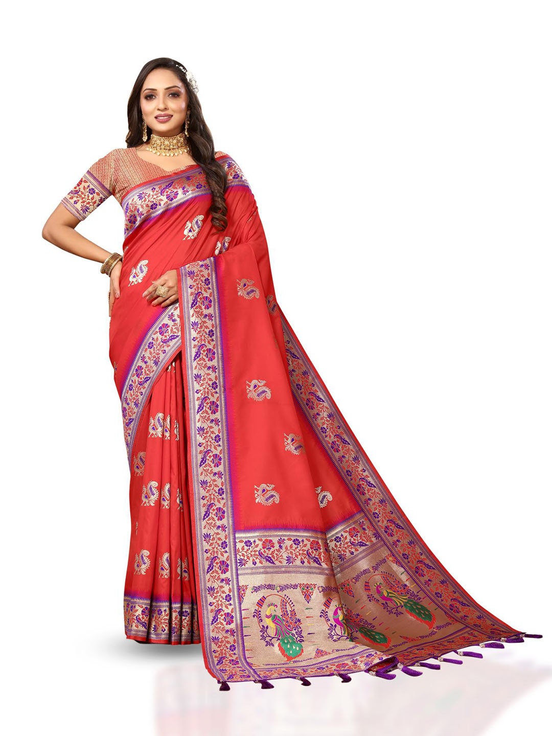 

PATIALAPICKS Ethnic Motifs Woven Design Zari Pure Silk Paithani Saree, Red
