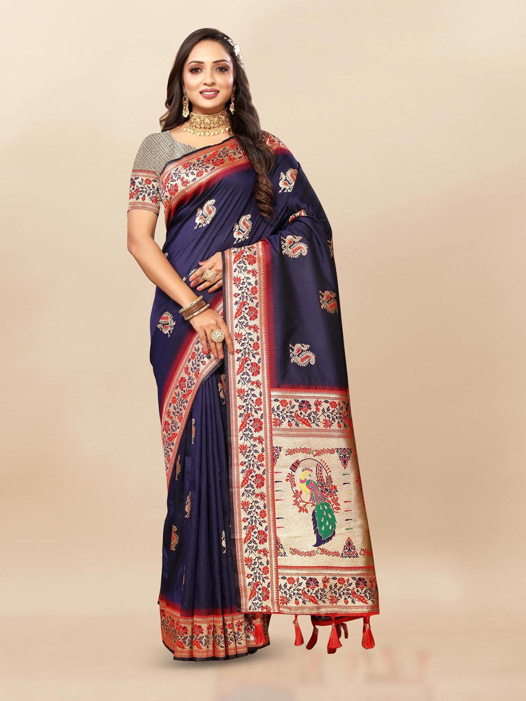 

PATIALAPICKS Ethnic Motifs Woven Design Zari Pure Silk Paithani Saree, Navy blue