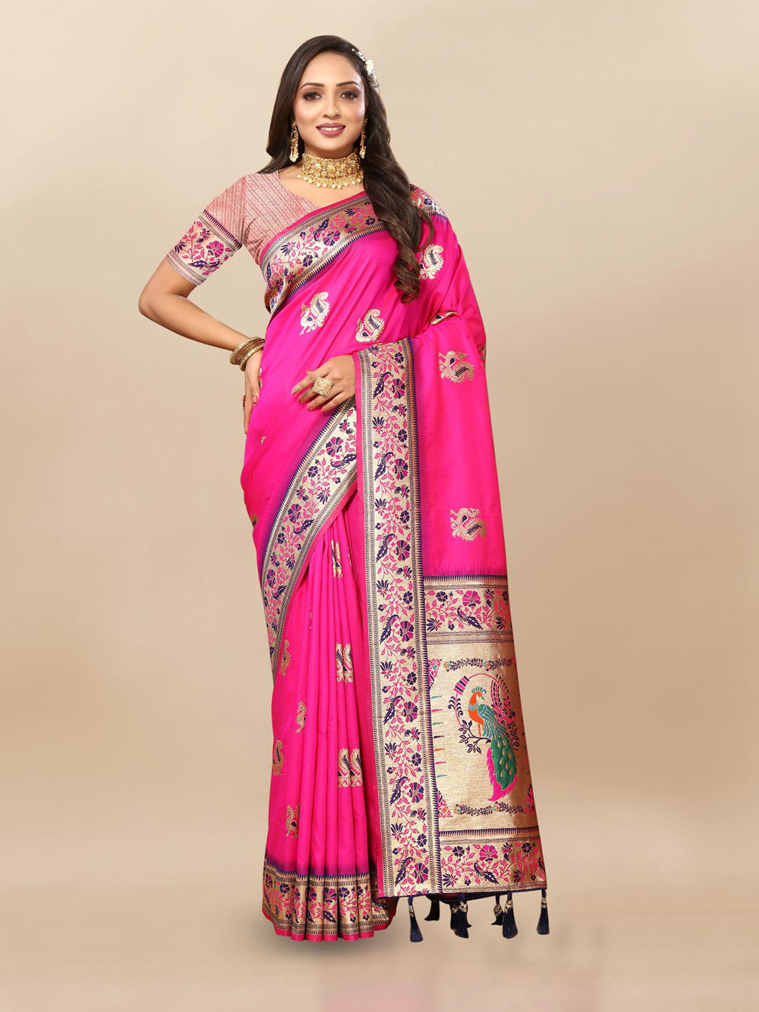 

PATIALAPICKS Ethnic Motifs Woven Design Zari Pure Silk Paithani Saree, Pink