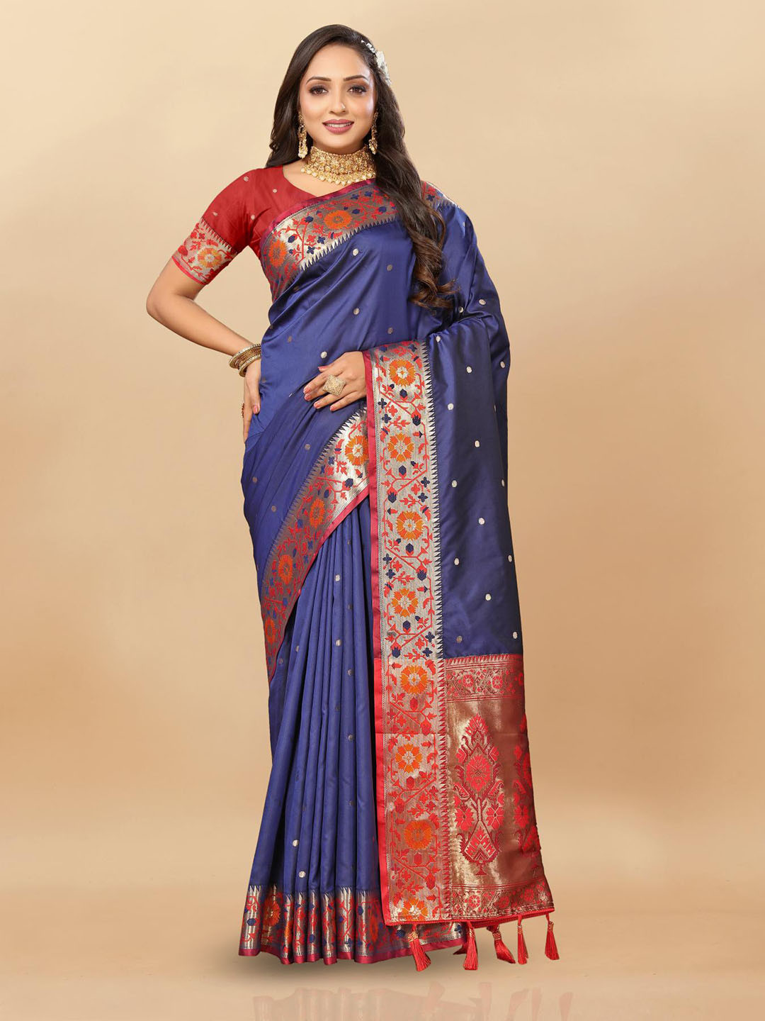 

PATIALAPICKS Woven Design Zari Pure Silk Paithani Saree, Navy blue