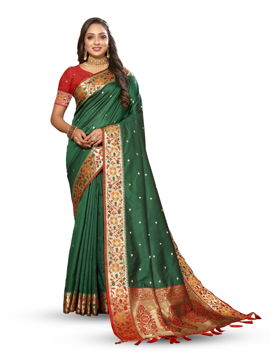 

PATIALAPICKS Woven Design Zari Pure Silk Paithani Saree, Green