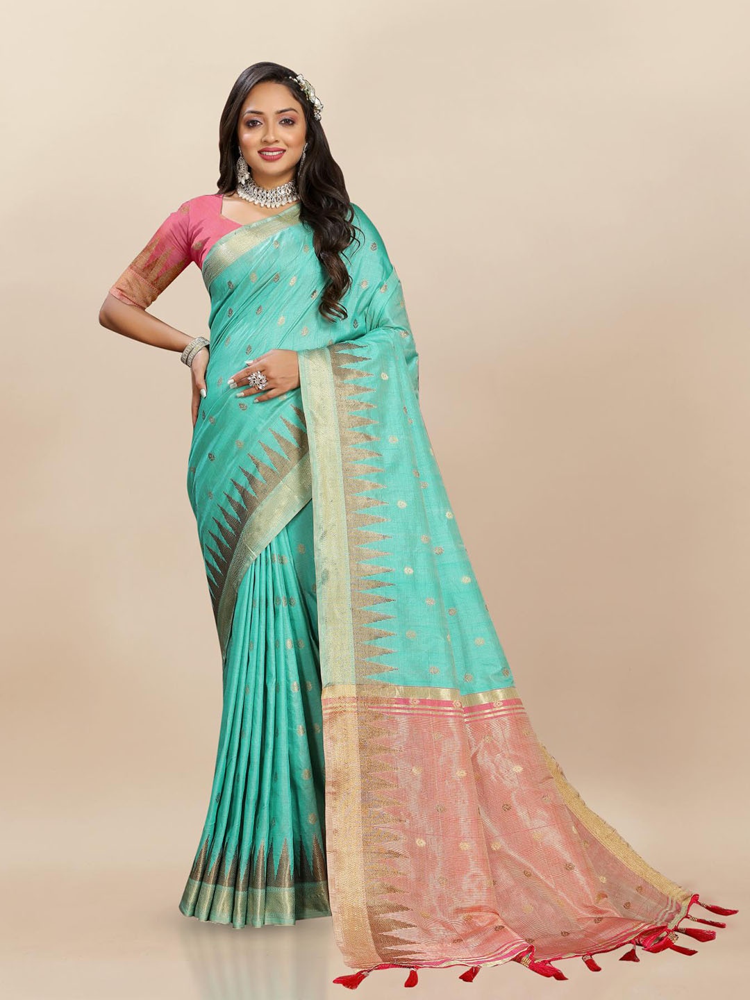 

PATIALAPICKS Woven Design Zari Pure Silk Paithani Saree, Sea green