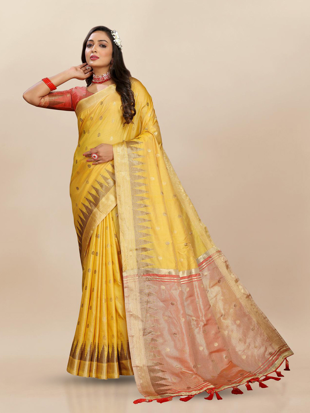 

PATIALAPICKS Woven Design Zari Pure Silk Paithani Saree, Yellow
