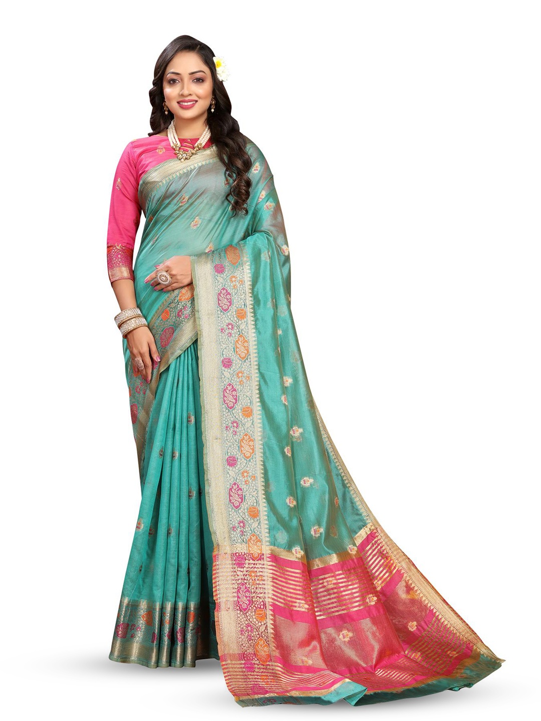 

PATIALAPICKS Ethnic Motifs Woven Design Zari Organza Paithani Saree, Blue