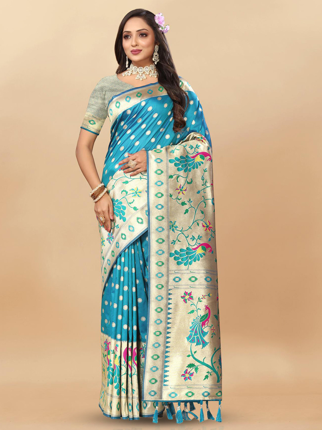 

PATIALAPICKS Ethnic Motifs Woven Design Zari Pure Silk Paithani Saree, Blue
