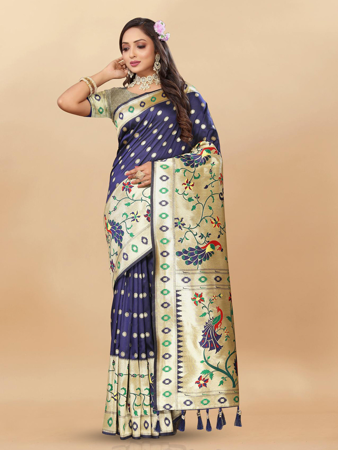

PATIALAPICKS Woven Design Zari Pure Silk Paithani Saree, Navy blue
