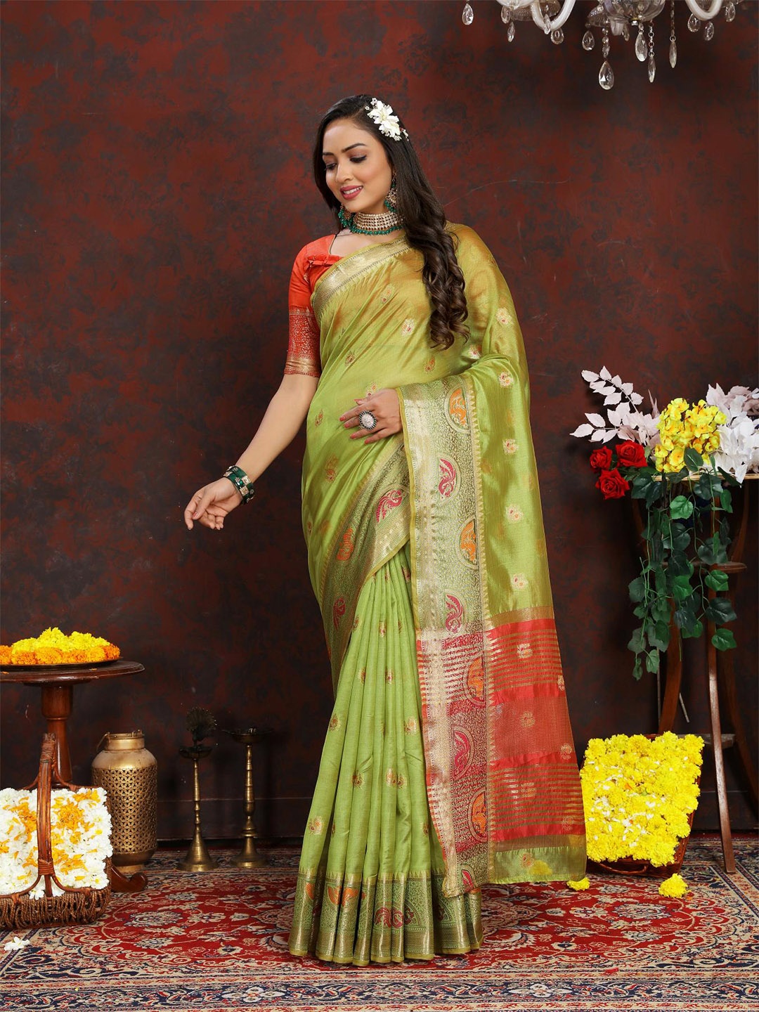 

PATIALAPICKS Ethnic Motifs Woven Design Zari Organza Paithani Saree, Green