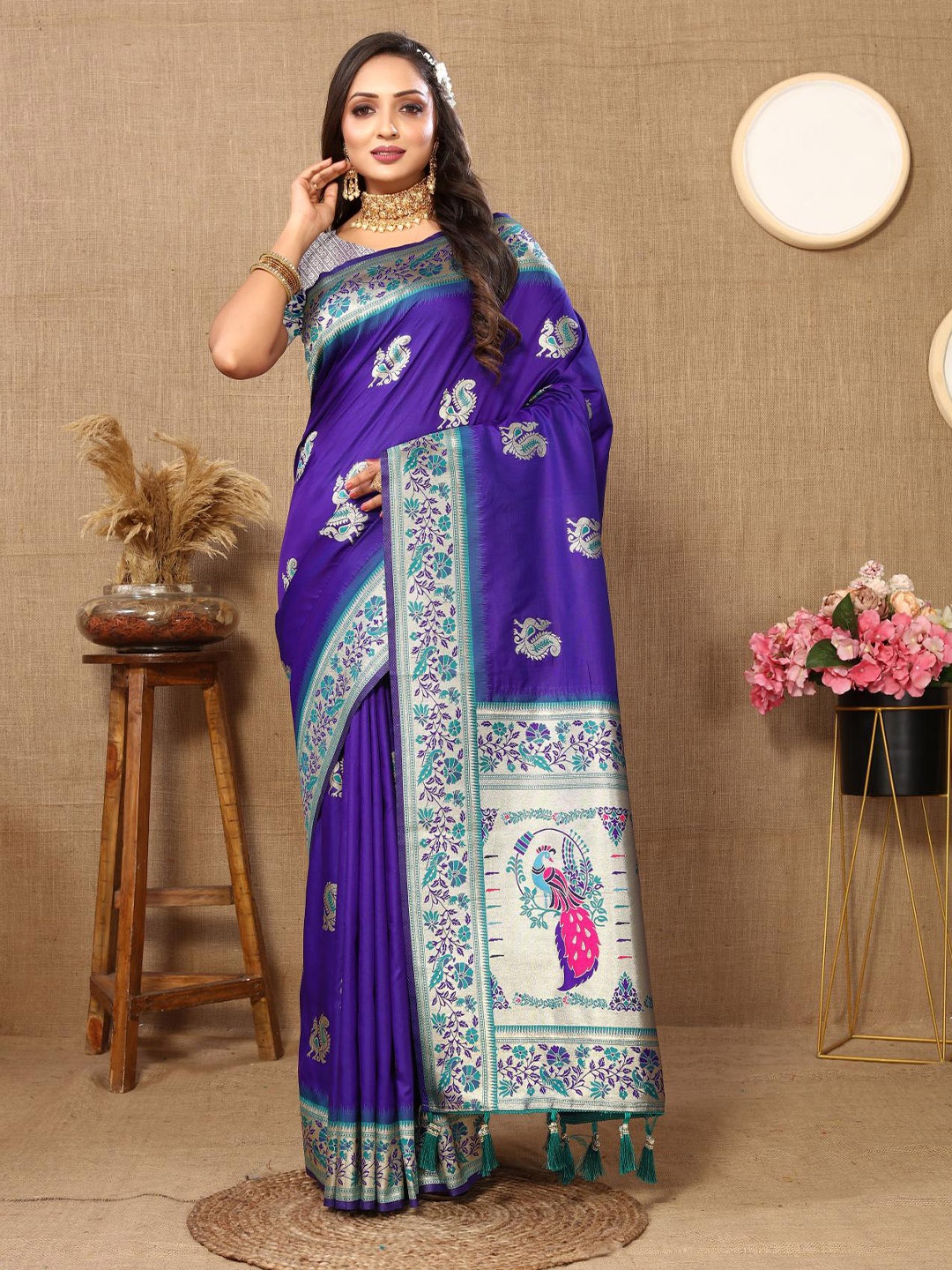 

PATIALAPICKS Ethnic Motifs Zari Pure Silk Paithani Saree, Blue