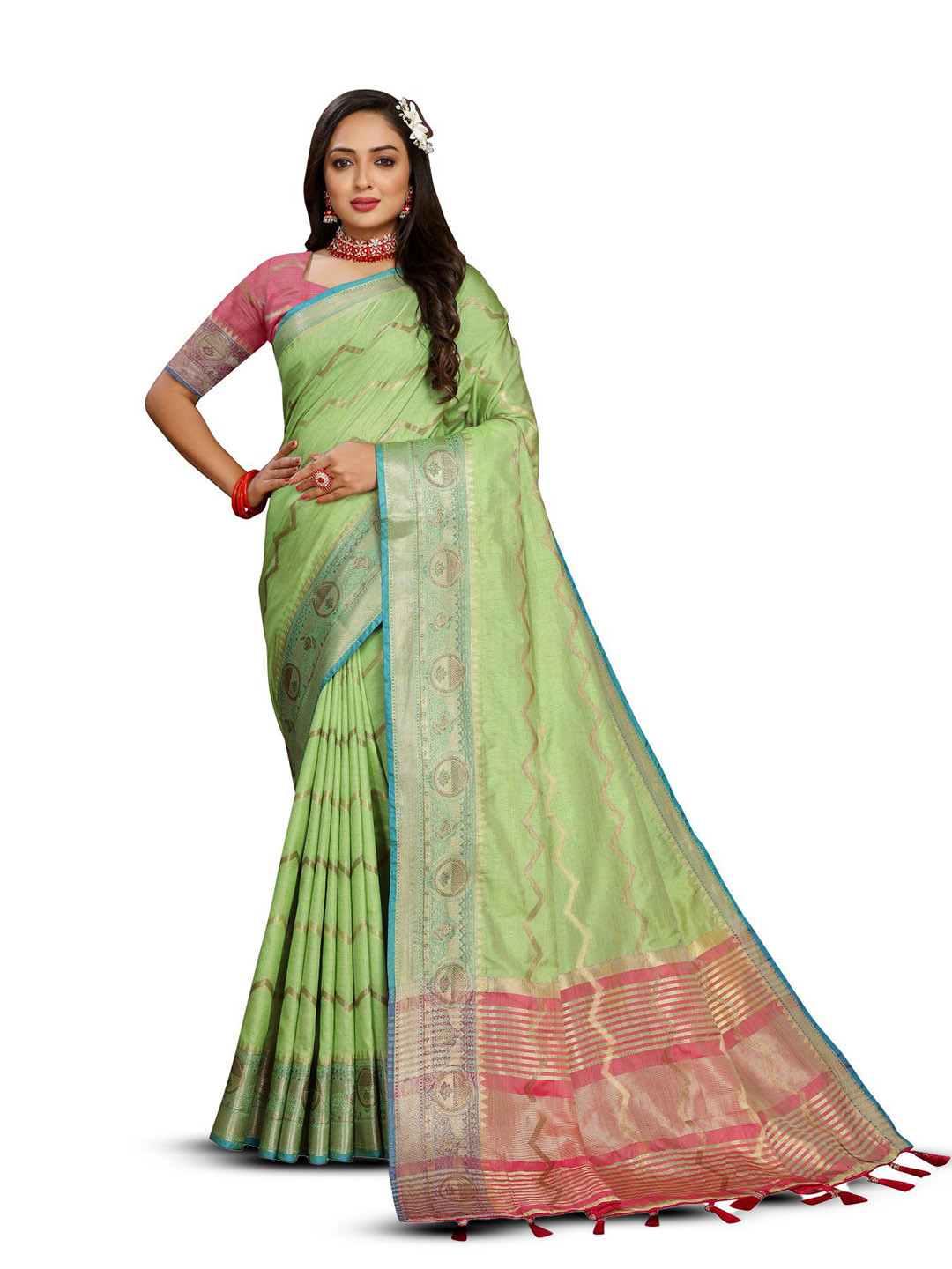 

PATIALAPICKS Ethnic Motifs Woven Design Zari Pure Silk Paithani Saree, Green