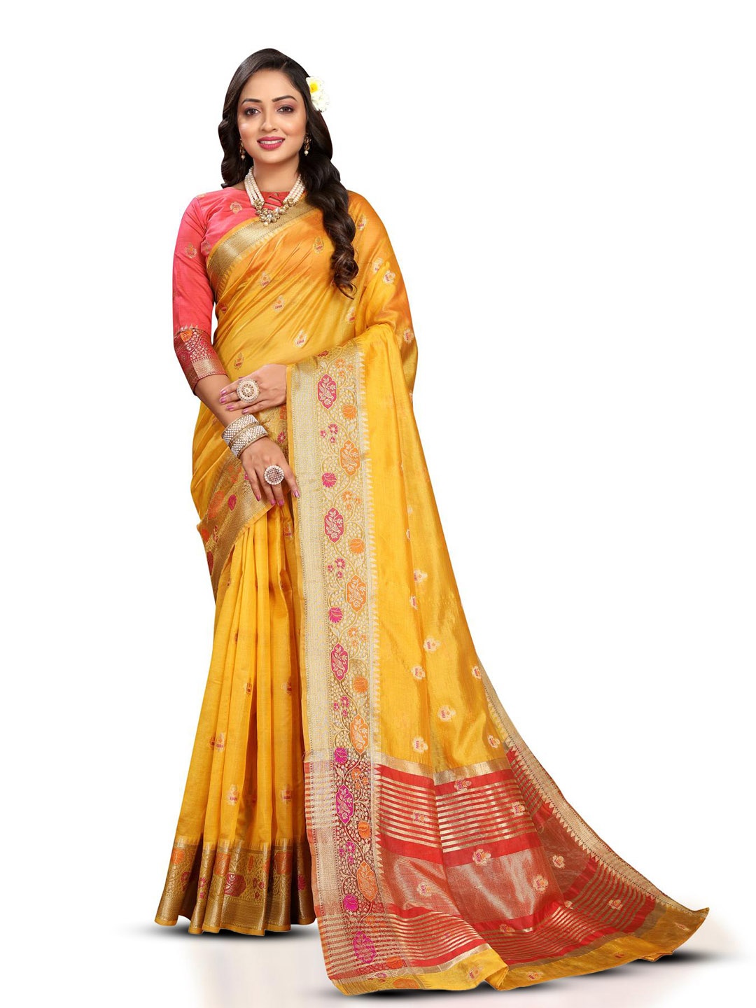 

PATIALAPICKS Woven Design Zari Organza Paithani Saree, Yellow