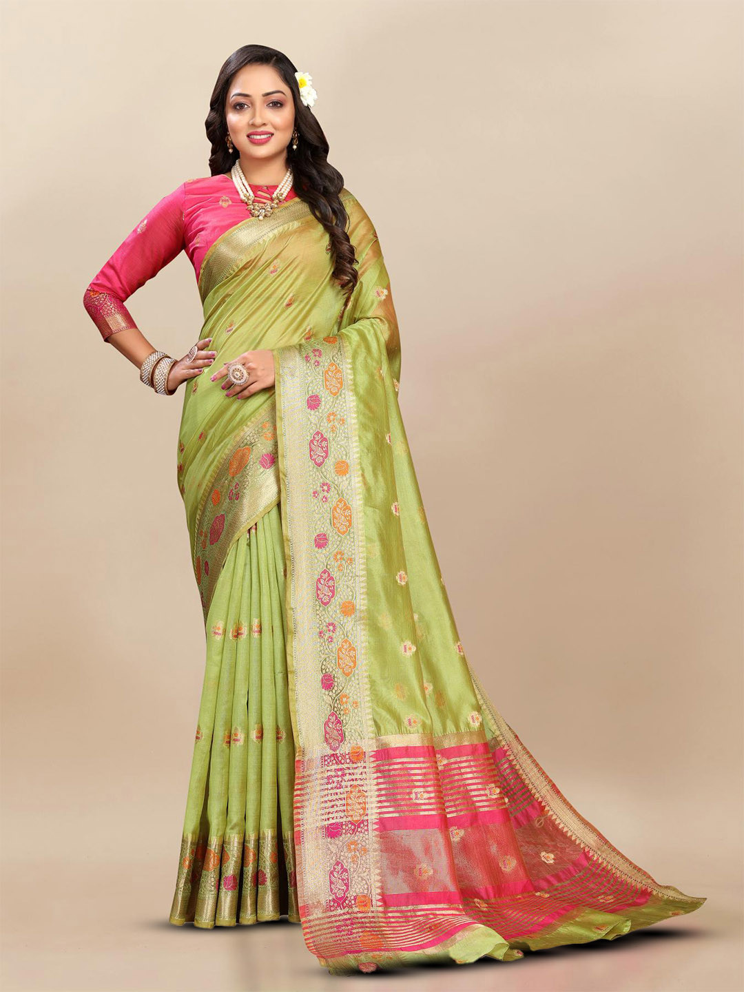 

PATIALAPICKS Woven Design Zari Organza Paithani Saree, Green