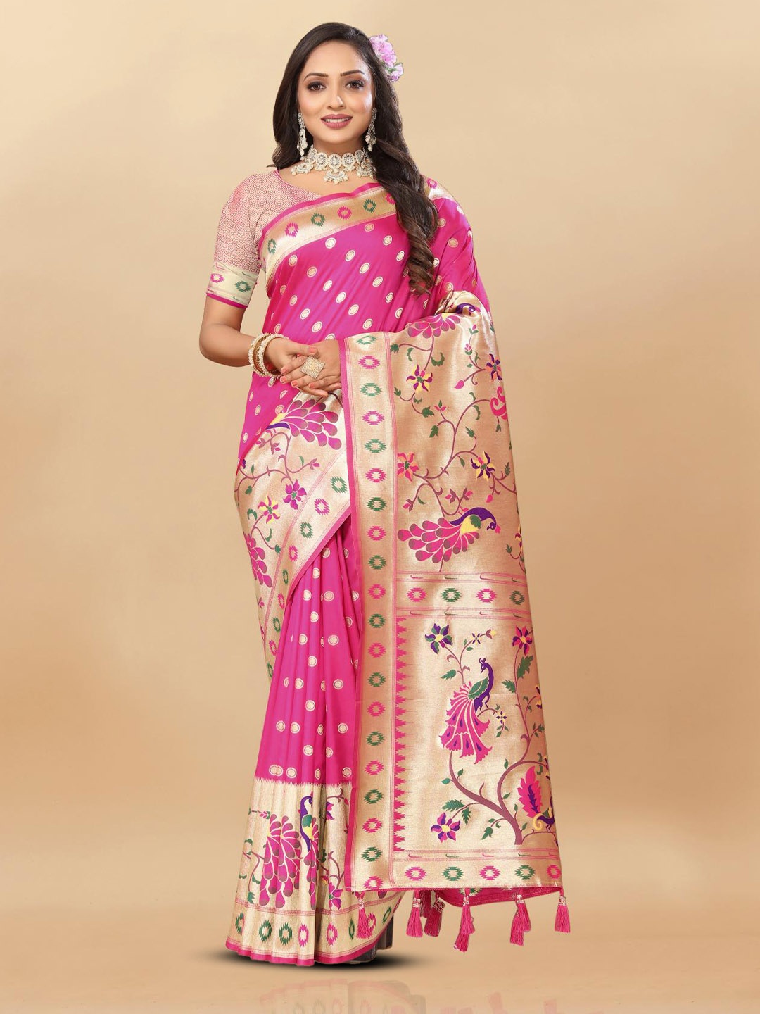 

PATIALAPICKS Woven Design Zari Pure Silk Paithani Saree, Pink