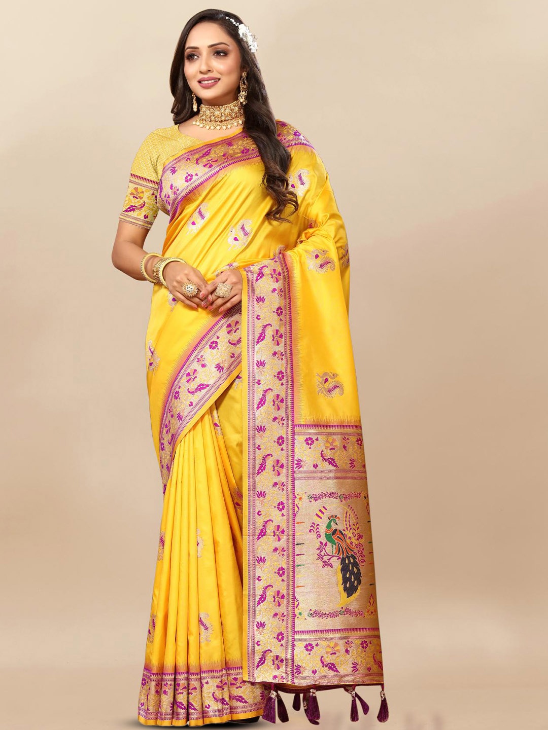 

PATIALAPICKS Woven Design Zari Pure Silk Paithani Saree, Yellow