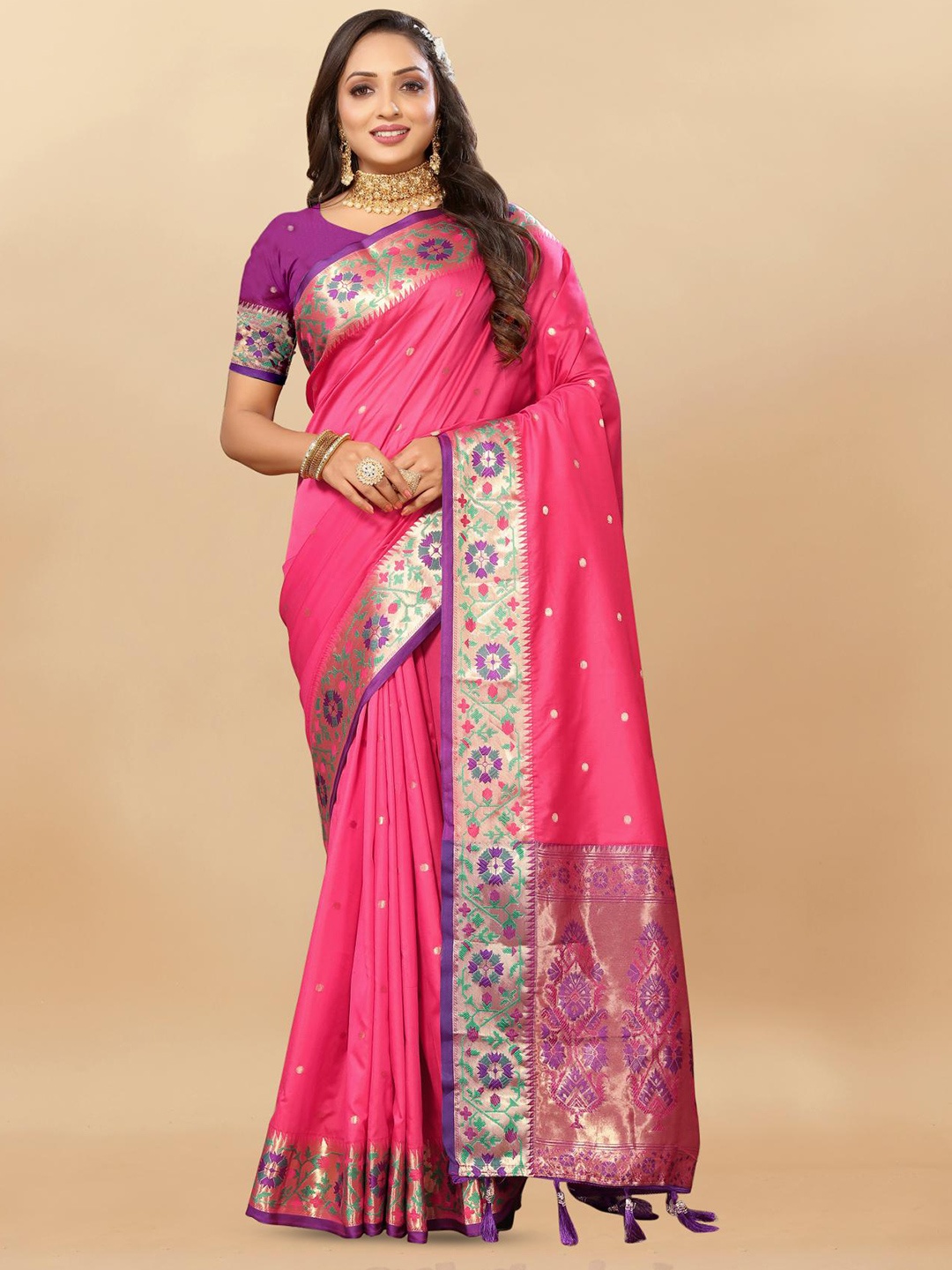 

PATIALAPICKS Woven Design Zari Pure Silk Paithani Saree, Pink